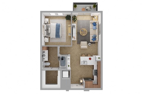 Floor plan for 1 bed, 1 bath, 656 sqft